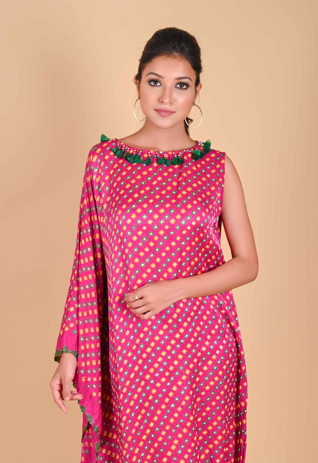 One Sleeve Knot Dress-Fuschia Pink